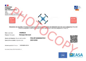 Attestation de certification de télépilote en catégorie ouverte A1 et A3