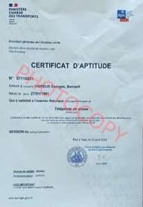 Certificat d'aptitude de télépilote de drone délivré par la DGAC pour Georges VIGREUX