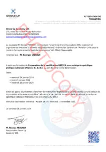 Attestation de certification RS5523 télépilote de drone Georges Vigreux délivrée par Drone Up Academy