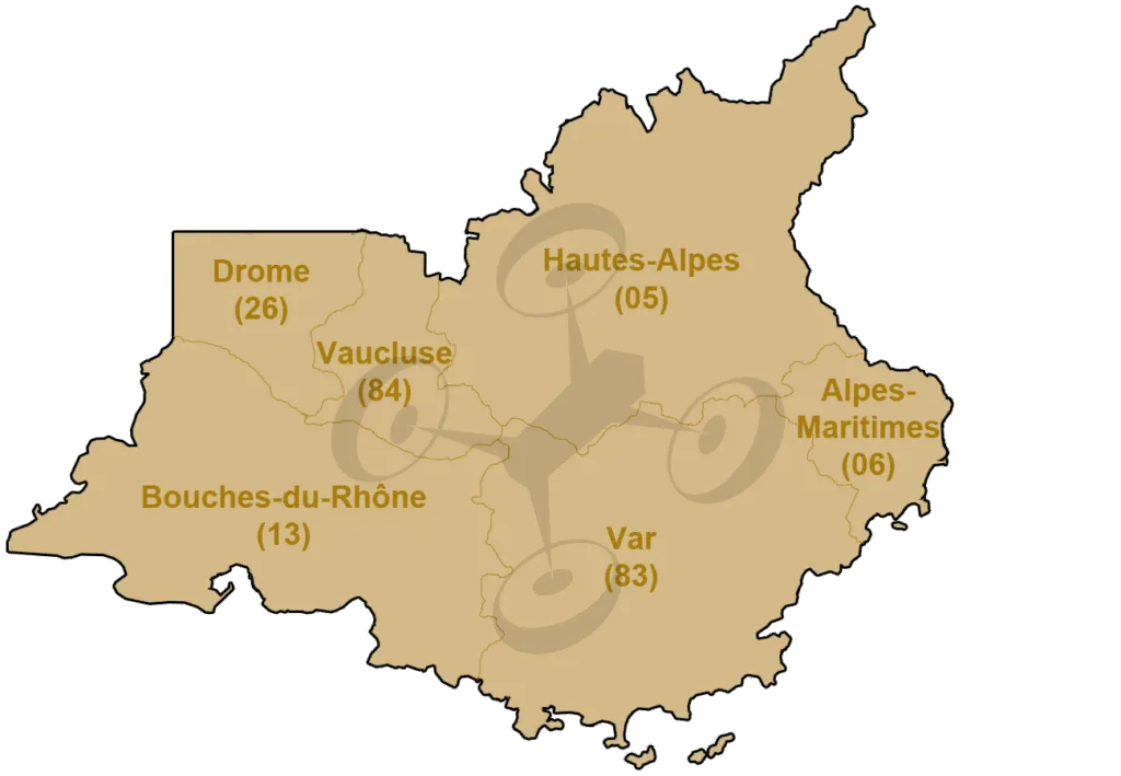Carte des départements d'intervention par drone de DronoClip en région PACA : Drome, Hautes-Alpes, Alpes-Maritimes, Alpes-de-Haute-Provence, Var, Bouches-du-Rhône. Voir tarifs prestations drone