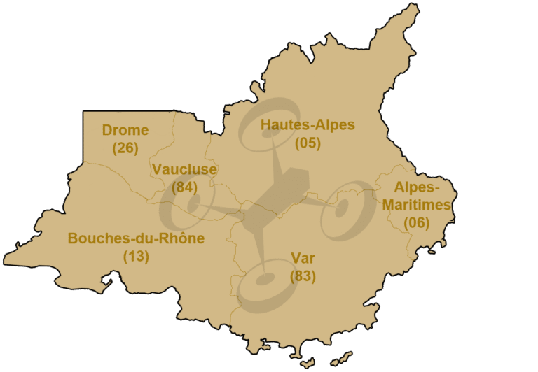 Carte de mes départements d'intervention en région PACA : Drome, Hautes-Alpes, Alpes-Maritimes, Alpes-de-Haute-Provence, Var, Bouches-du-Rhône