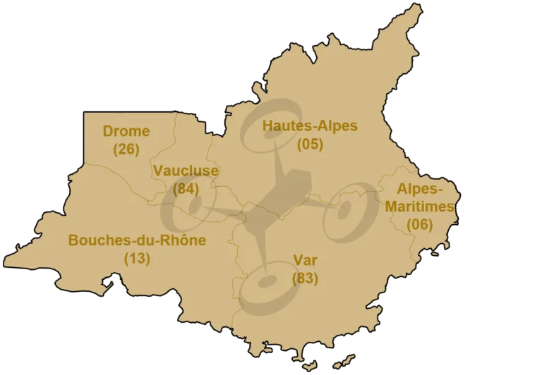 Carte des départements d'intervention par drone de DronoClip en région PACA : Drome, Hautes-Alpes, Alpes-Maritimes, Alpes-de-Haute-Provence, Var, Bouches-du-Rhône. Voir tarifs prestations drone