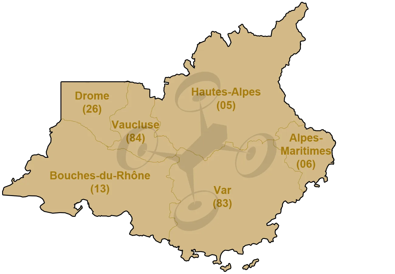 Carte des départements d'intervention par drone de DronoClip en région PACA : Drome, Hautes-Alpes, Alpes-Maritimes, Alpes-de-Haute-Provence, Var, Bouches-du-Rhône. Voir tarifs prestations drone