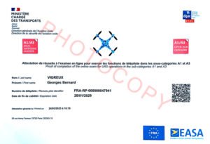 Certification de télépilote de drone en catégories A1 et A3 pour Georges Vigreux Dronoclip