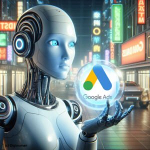 La gestion de campagne Google Ads par une femme-robot. Une image IA créée par DronoClip