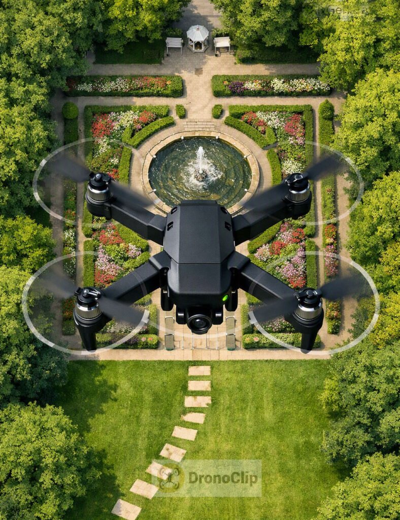 Drone survolant un parc pour photographier la disposition des éléments paysagers.
