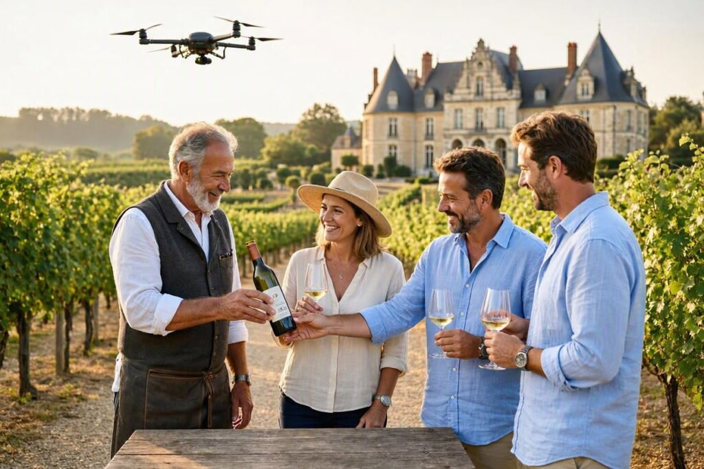 Une dégustation de vin en région provençale, l'occasion pour une vidéo drone en oenotourisme par Dronoclip