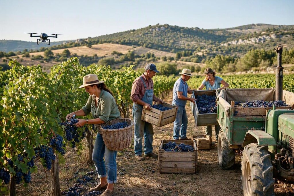 Vendange du raisin en région PACA. Images par drone pour domaine viticole avec Dronoclip