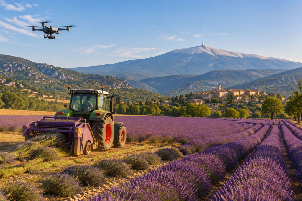Image par IA symbolisant le travail d'un droniste professionnel à Sèderon pour la récolte des lavandes en Provence